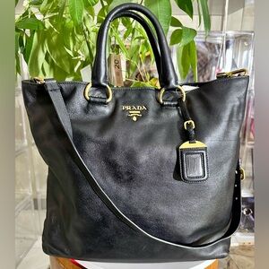 Authentic Prada Black Leather Tote with Gold Details